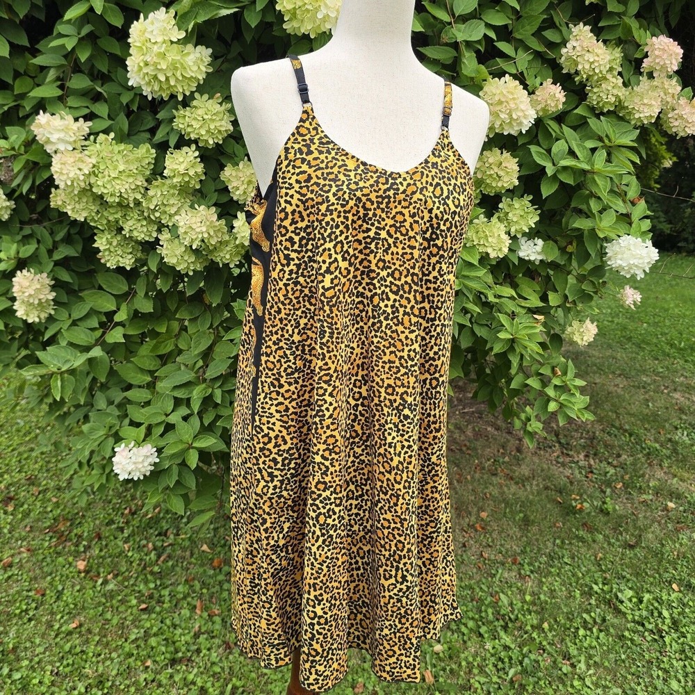 Leopard Cheetah Print Brown Black Nightie Nighty Gown Slip‎ Lingerie Chemise L